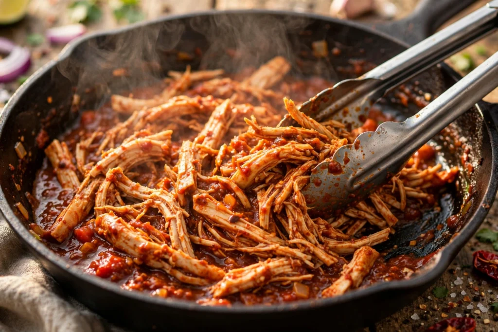 Shredded chicken being folded into smoky chipotle tinga sauce
