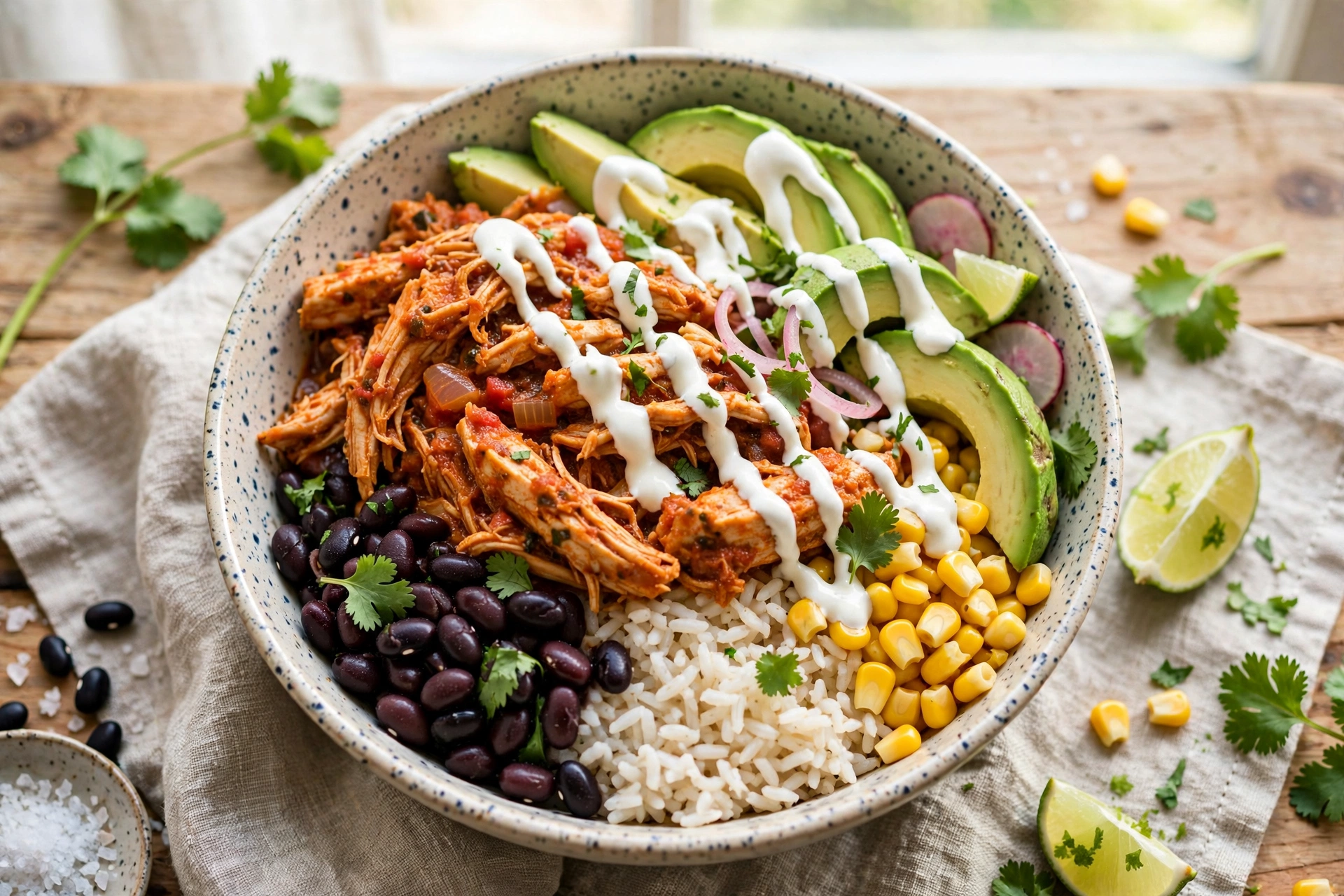 Rice bowl with chicken tinga, black beans, corn and avocado