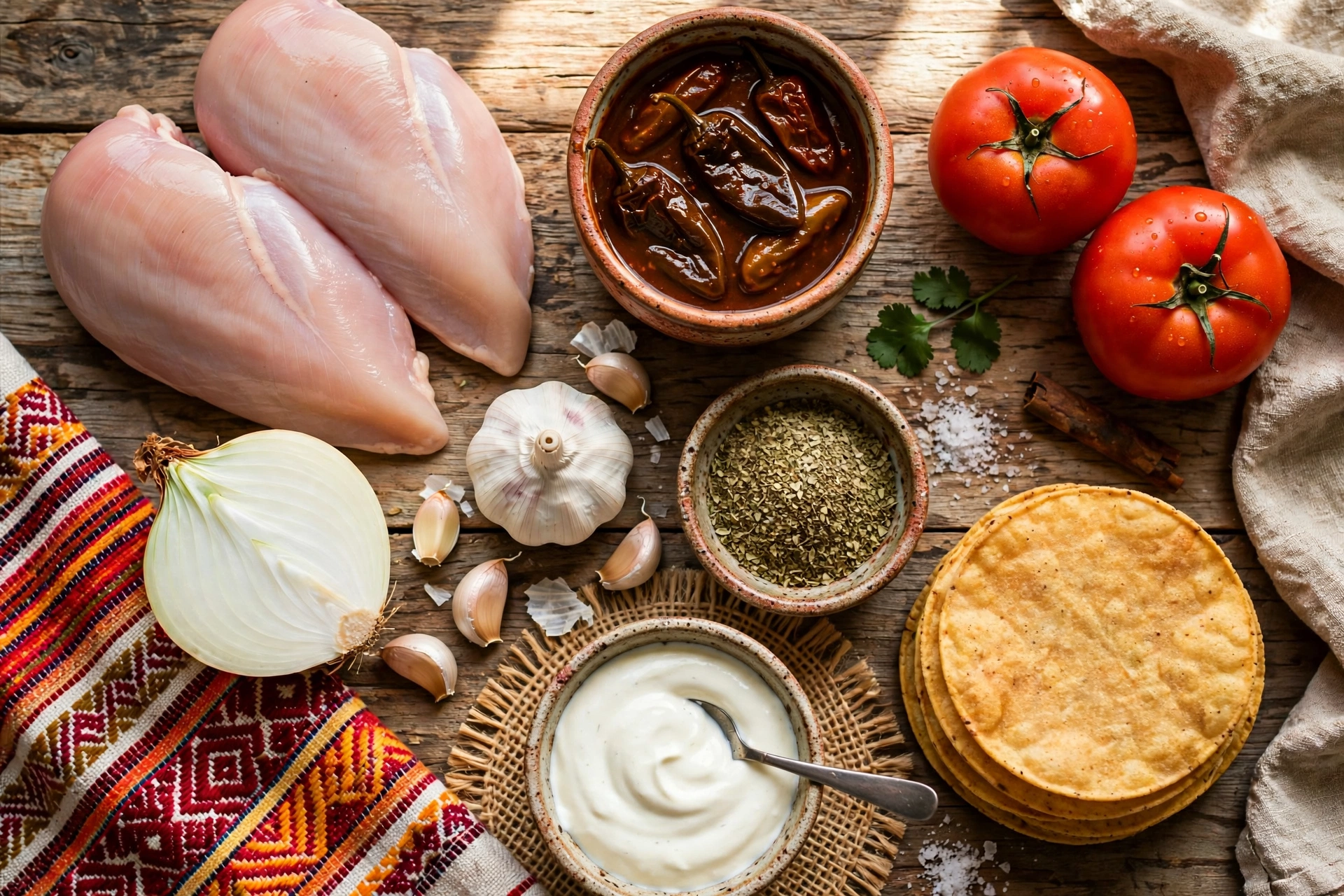 Chicken tinga ingredients: chicken, chipotles, tomatoes, onion, tostadas