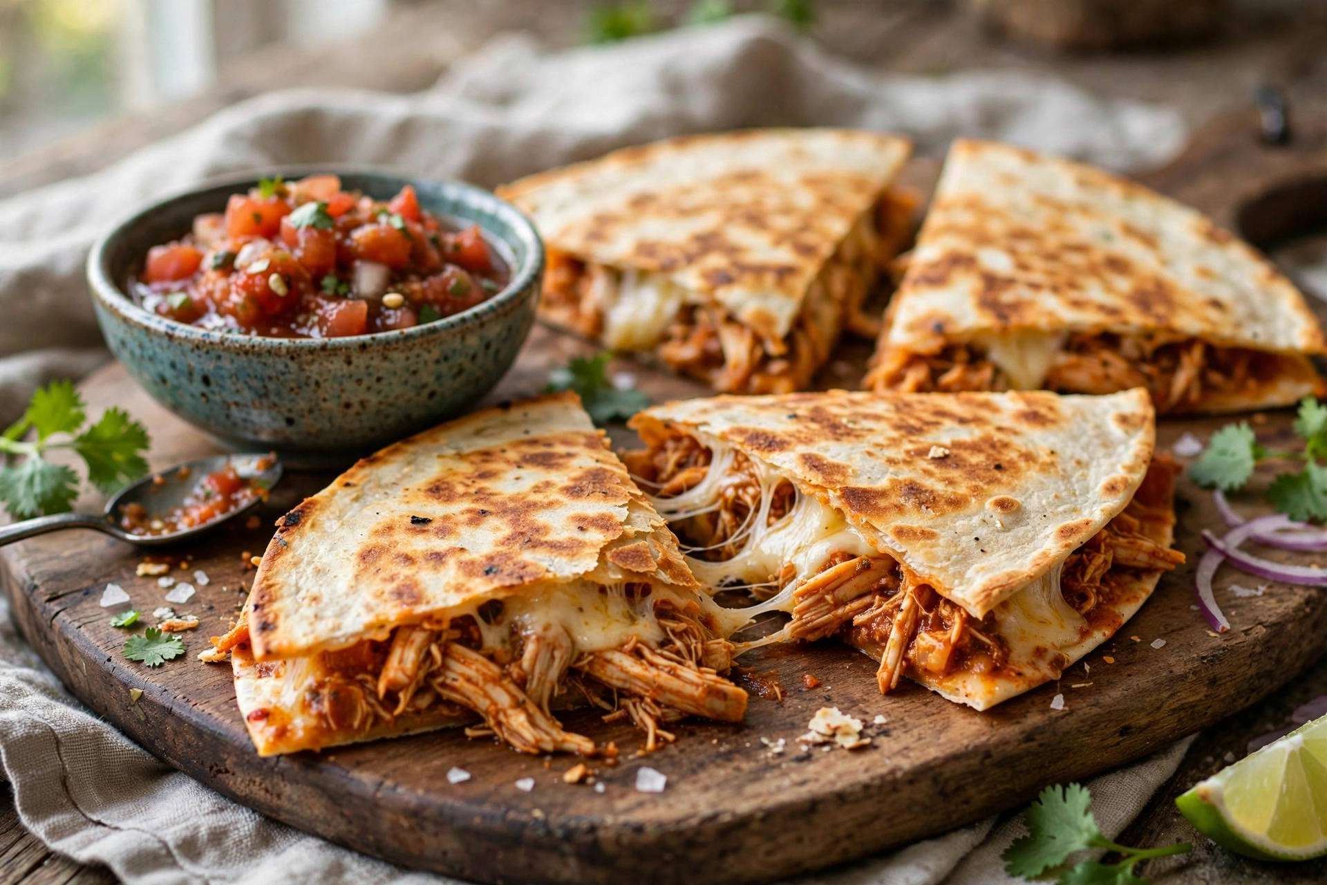 Chicken tinga quesadilla cut showing melted cheese interior