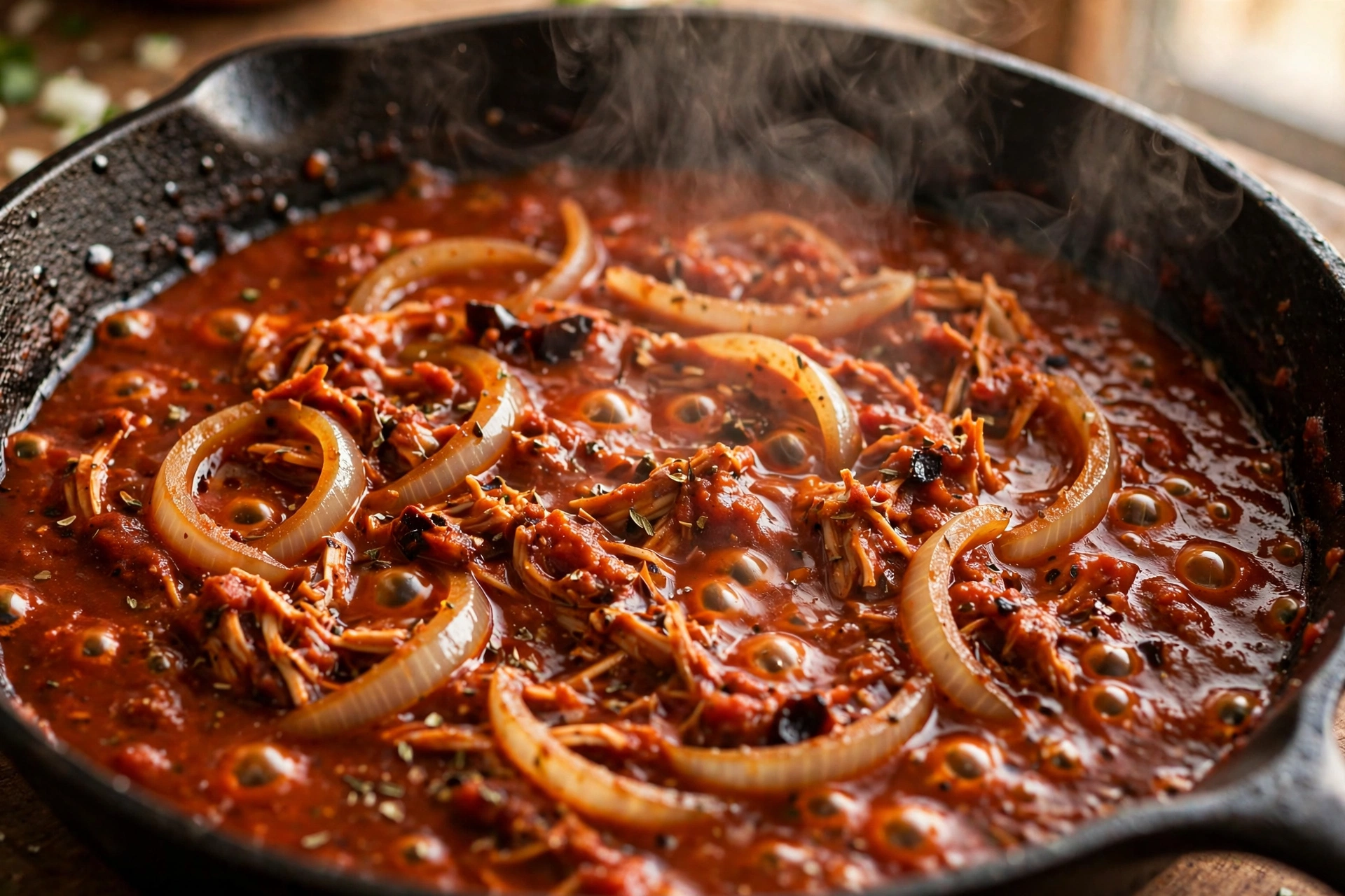 Chipotle-tomato tinga sauce simmering with onion slices