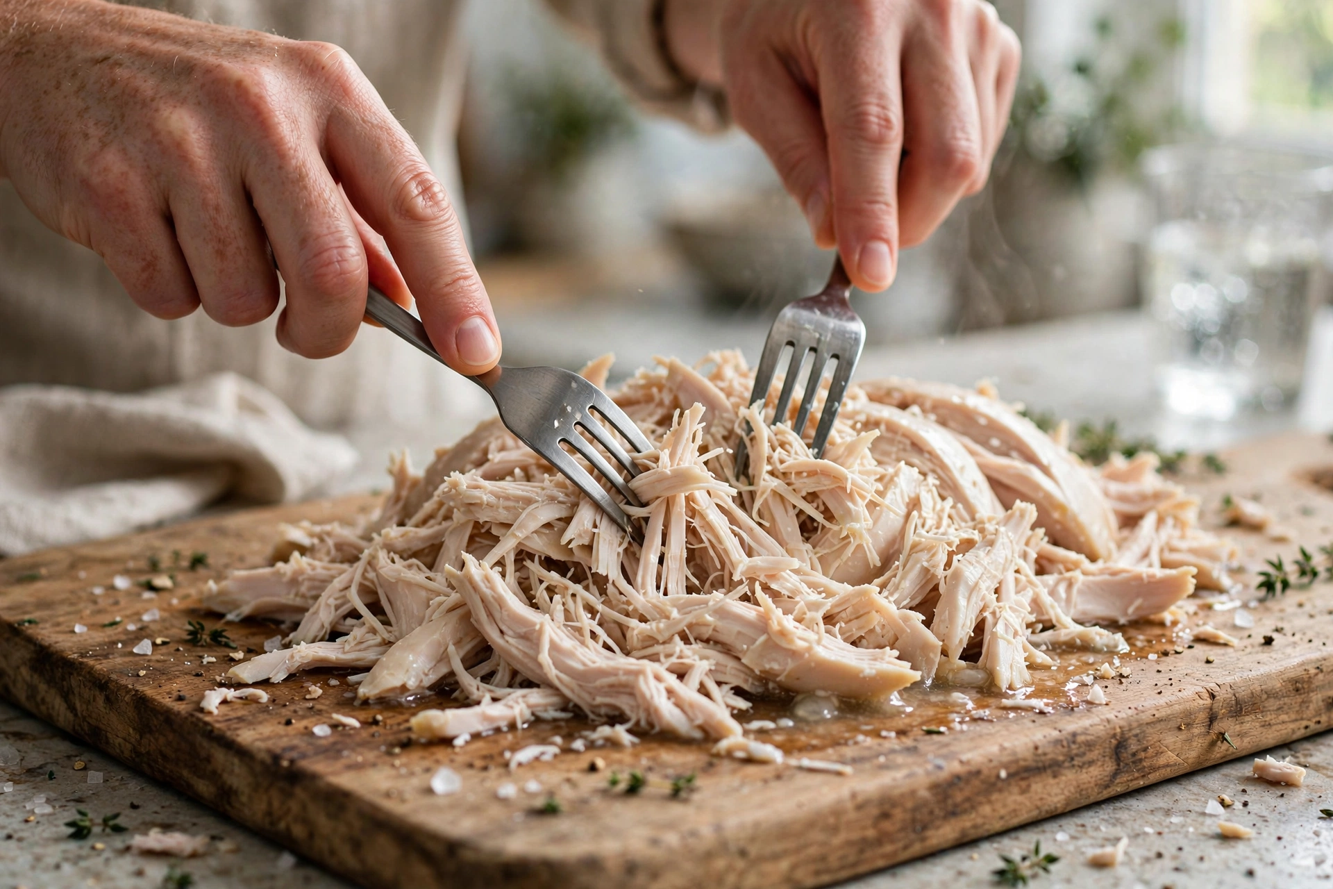 Hands shredding poached chicken with two forks