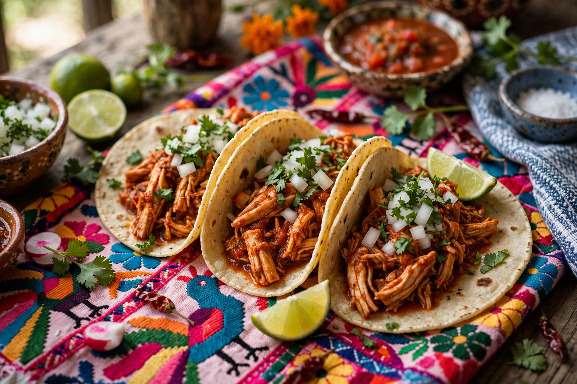 Soft tacos filled with chicken tinga, onion, cilantro and lime